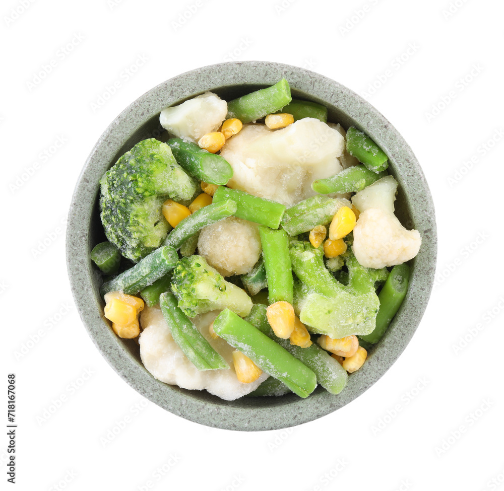 Mix of different frozen vegetables in bowl isolated on white, top view Mix of different frozen vegetables in bowl isolated on white, top view