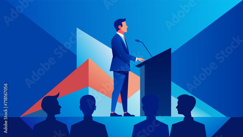 Confident businessman giving a speech at a podium to an audience