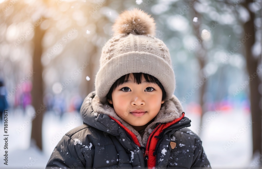 Child with winter snow forest, winter natural background Child with winter snow forest, winter natural background