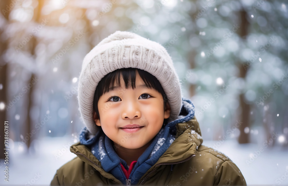 Child with winter snow forest, winter natural background Child with winter snow forest, winter natural background