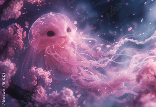 Cat in underwater cherry blossom world, jellyfish inspired