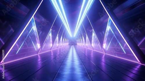 A 3-d rendering of a futuristic hallway that is cool and trippy in a triangular shape.
