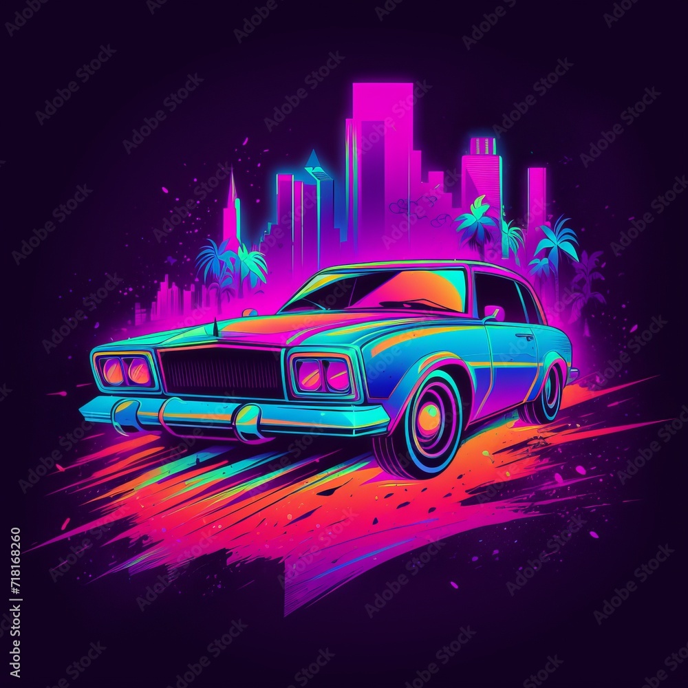 Synthwave Ride Colorful t-shirt vector with detailed car graphics, Picard-inspired design, bursting with color on a black background