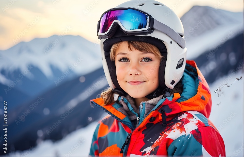 Kid skier in helmet and winter clothes on the background of snow-covered mountain slope Kid skier in helmet and winter clothes on the background of snow-covered mountain slope