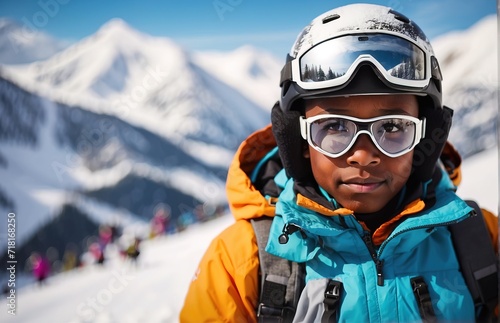 Kid skier in helmet and winter clothes on the background of snow-covered mountain slope