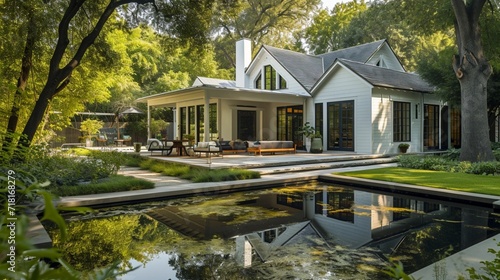 a side angle view of An alabaster white craftsman cottage with a backyard and a small, tranquil reflecting pool