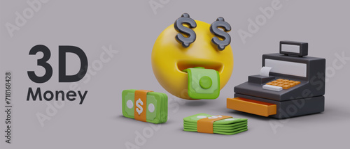 Concept of money, easy earnings. 3D emoticon with mouth full of greenbacks. Realistic cash register, wads of money with bank tapes. Set of vector images for ecommerce business