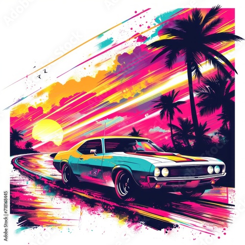 Synthwave Ride Colorful t-shirt vector with detailed car graphics  Picard-inspired design  bursting with color on a white background
