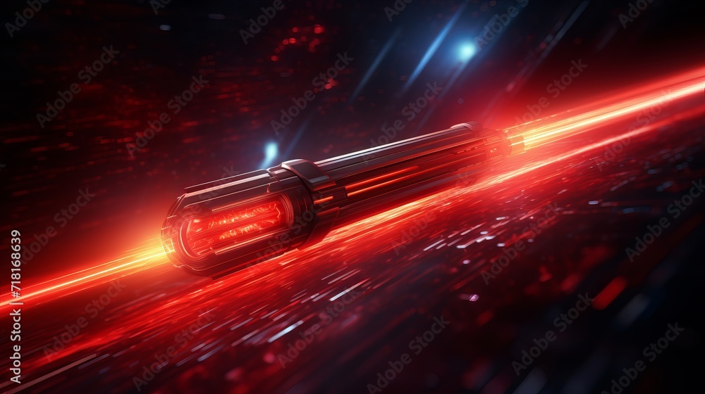 A 3d rendering of red neon laser beams from a sci-fi future with electric glow technology.