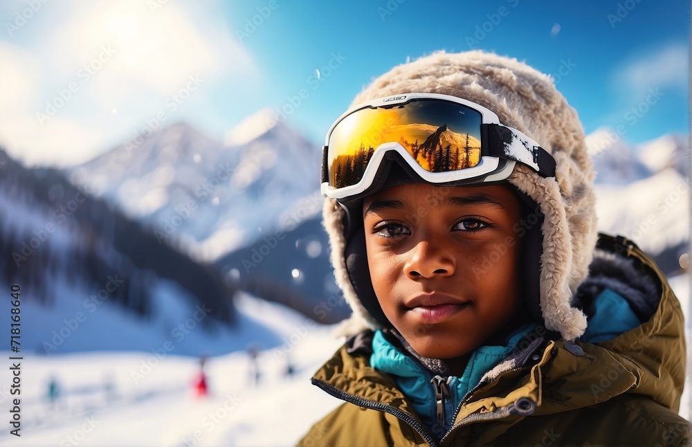 Kid skier in helmet and winter clothes on the background of snow-covered mountain slope Kid skier in helmet and winter clothes on the background of snow-covered mountain slope