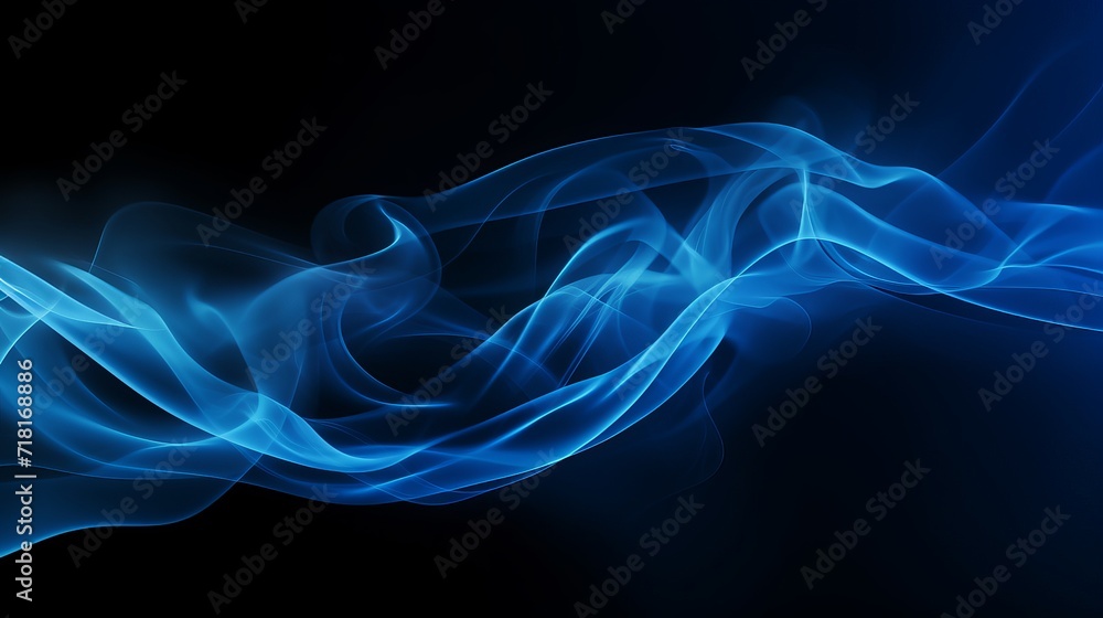 Fototapeta premium A black background is filled with blue smoke and a wave pattern.