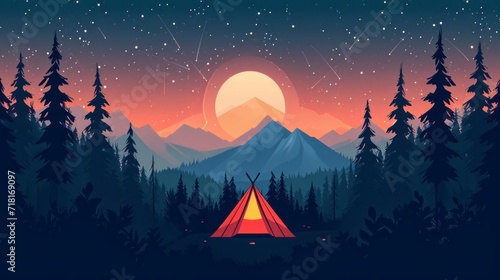 Vivid 2D vector illustration of a tent in the middle of forest and mountains, country and nature theme, camping concept © Stefan95
