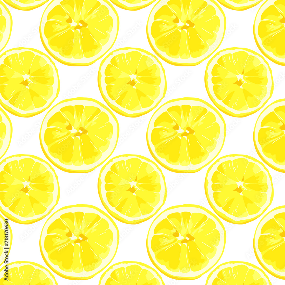 Pattern with round pieces of lemons. Delicious citrus pattern. Vector illustration.