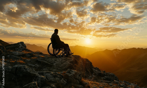 silhouette of a person in a wheelchair on top of a mountain photo