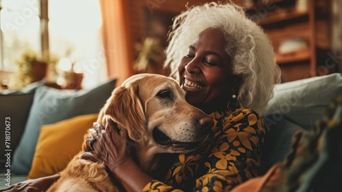 happy people at home with favorite pet , love and friendship of human and animal pragma