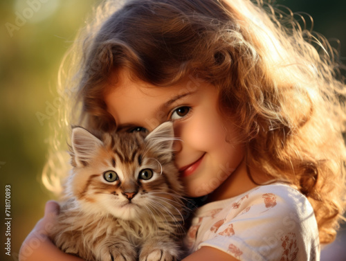 A young girl with curly hair lovingly hugs a tabby kitten.