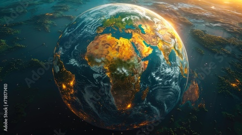 View of Earth from space, showcasing its continents, oceans, and atmosphere in a stunning 3D representation under the night sky