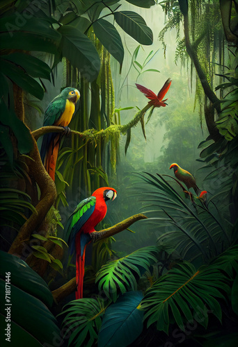 Tropical green jungle with several colored parrots on tree branches. Abstract illustration. © serperm73