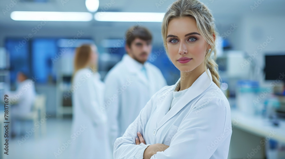 Obraz premium Portrait of a woman with arms folded. A lab technician in a pristine environment. Confident pose while wearing a white lab coat.