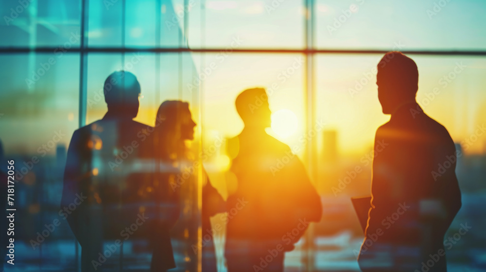 End of meeting at a conference room of a small startup company with the sunset putting everyone in silhouette.. End of meeting at a conference room of a small startup company with the sunset putting everyone in silhouette..