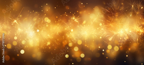 Abstract background with golden fireworks, sparkles, shiny bokeh glitter lights