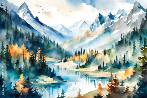 painting of landscape with mountains and lake