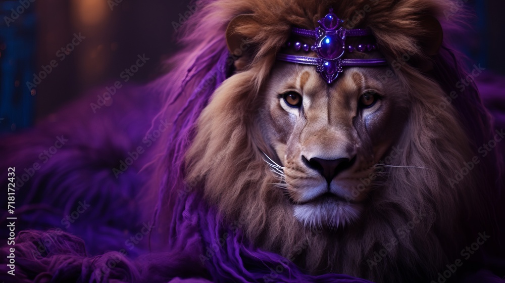 A lion with purple eyes and a necklace that is purple