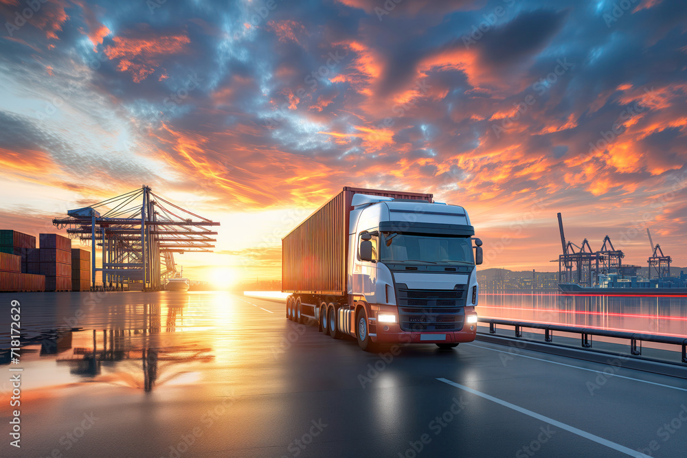 Fototapeta premium Truck takes container out of port terminal being for logistics a delivers it to customer AI Generation