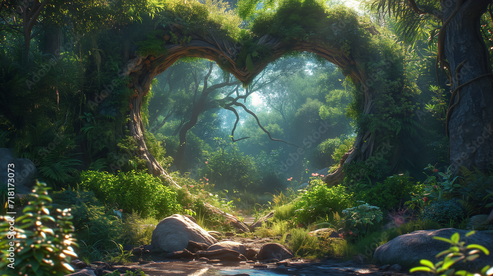 Heart shape archway in the lush green forest. Romantic fairytale environmental concept.