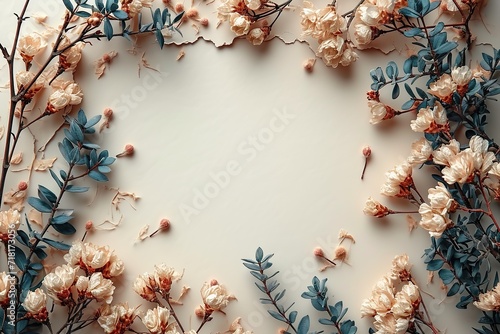 Blank paper sheet card with mockup copy space and dry flower buds on beige background