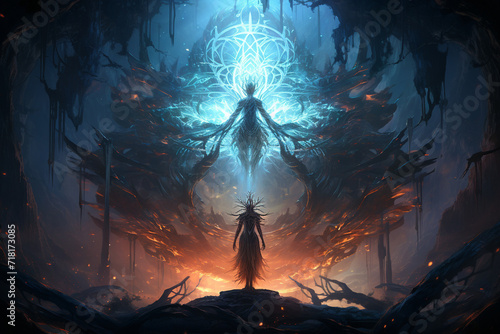 In a mystical forest at the border between realms, an angelic guardian with a crown of starlight protects a gateway to heaven, while a demonic tempter with glowing.