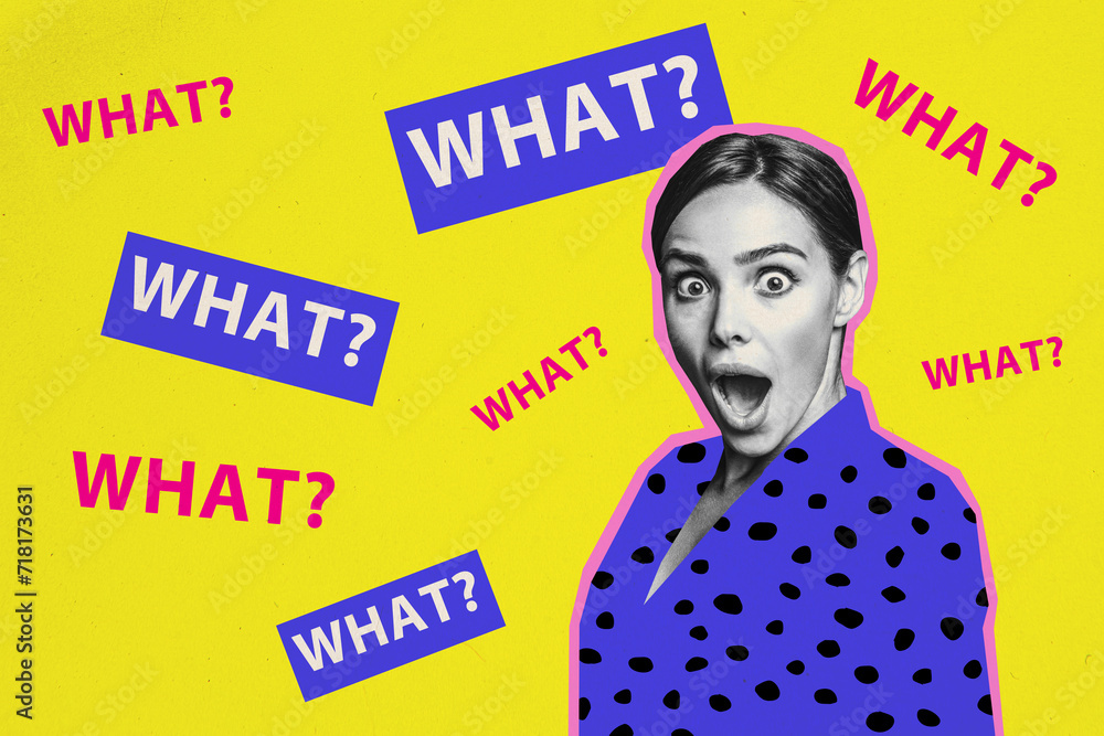 Horizontal creative collage photo promotion with surprised woman impressed scandal huge sales in fashion stores on yellow background Horizontal creative collage photo promotion with surprised woman impressed scandal huge sales in fashion stores on yellow background