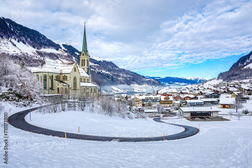 Lungern town in snow in winter season, Obwalden, Switzerland