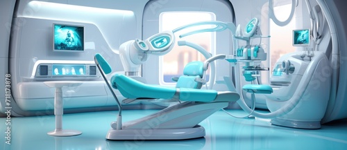 The interior of a futuristic hospital room, featuring cutting-edge technology and innovative design.