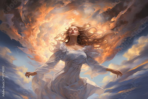 Among the celestial clouds, an angelic figure with wings of illuminated cumulus navigates the cosmic skies, leaving trails.