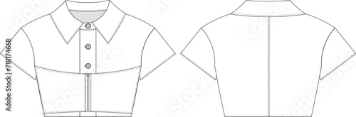 buttoned zippered short sleeve crop cropped blouse shirt template technical drawing flat sketch cad mockup fashion woman design style model denim jean