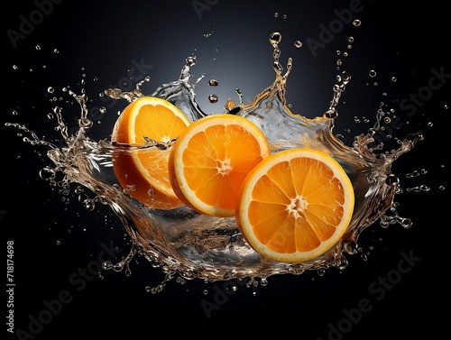 Cut orange with water splash on a black background