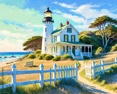 Impressionist Landscape - Digital Render Painting of a Remote Coastal Estate with Lighthouse and Ranger Station Gen AI photo