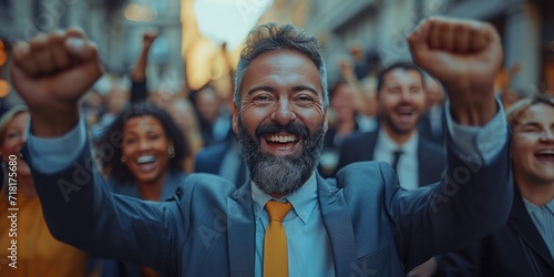 Cheerful group of young businessmen and businesswomen enjoying success and togetherness in a city outdoor setting.