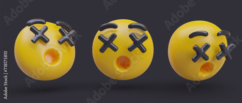 Composition with emoji in different positions. Face with crossed eyes. Emoticon with shock and scared reaction. Vector illustration in 3d style with black background