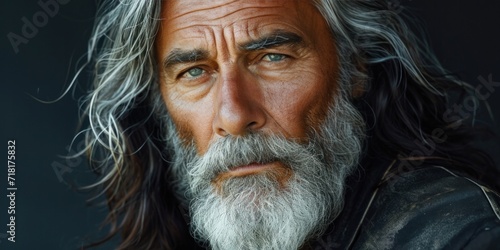 Portrait of an elderly man with a beard, reflecting the hardships of poverty and loneliness photo