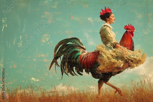 Slika na platnu Plowwoman in the shape of a cockerel on a pastel background