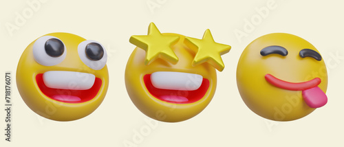 Happy excited emoticons. Set of realistic yellow models, angle view. Delight, celebration, deliciousness. Funny images in cartoon style. Positive reaction
