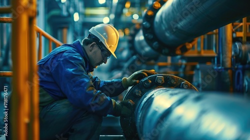 Photo of a man inspecting long steel  in oil station factory for check and record during pipe and pipe elbow refinery valve pipeline oil and gas industry