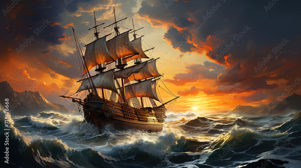 Fototapeta premium An Adventure Sailing Ship Through on the Sea