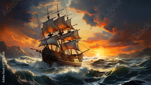 An Adventure Sailing Ship Through on the Sea