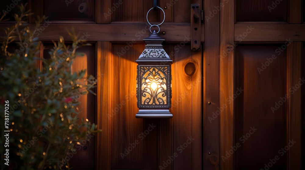 Glowing Lantern by Ornate Wooden Door - obrazy, fototapety, plakaty 