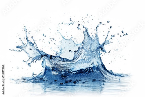 Isolated clean blue water wave swirl splash with splatters. Purity or energy concept. Realistic vector clear water splash falling drops frozen motion. photo