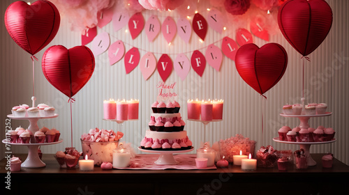 Beautiful St Valentines Day party table with showstopper red, white and pink hearts double layer cake, with white chocolate frosting. 