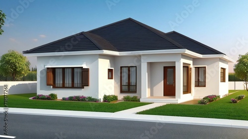 Cozy 3D rendering of a small house with a white picket fence. Concept for real estate or property.